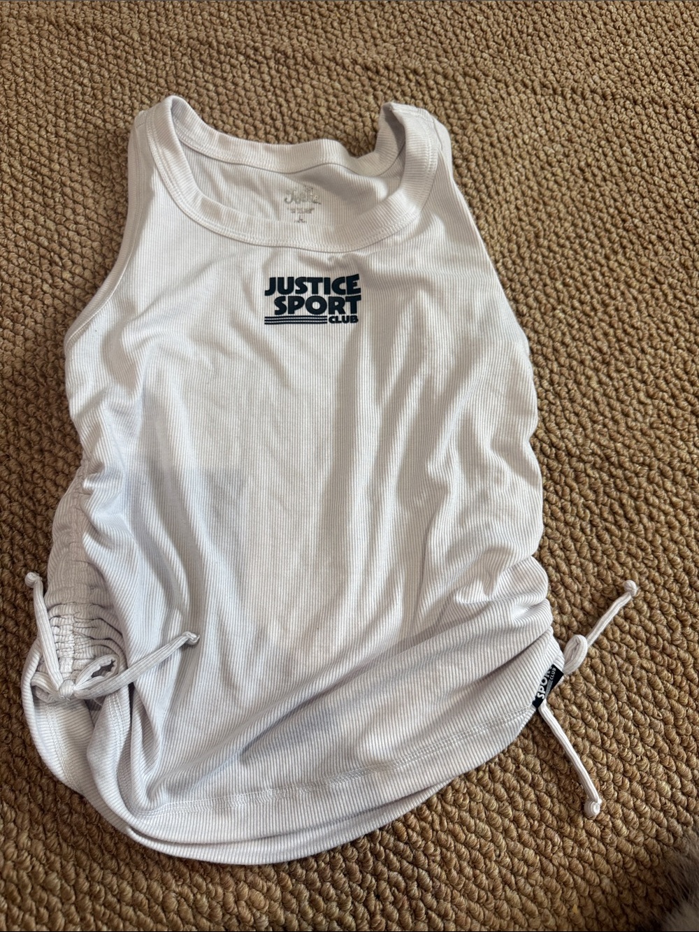 Justice White Ribbed Tank with Navy Sport Club Print and Side Ties